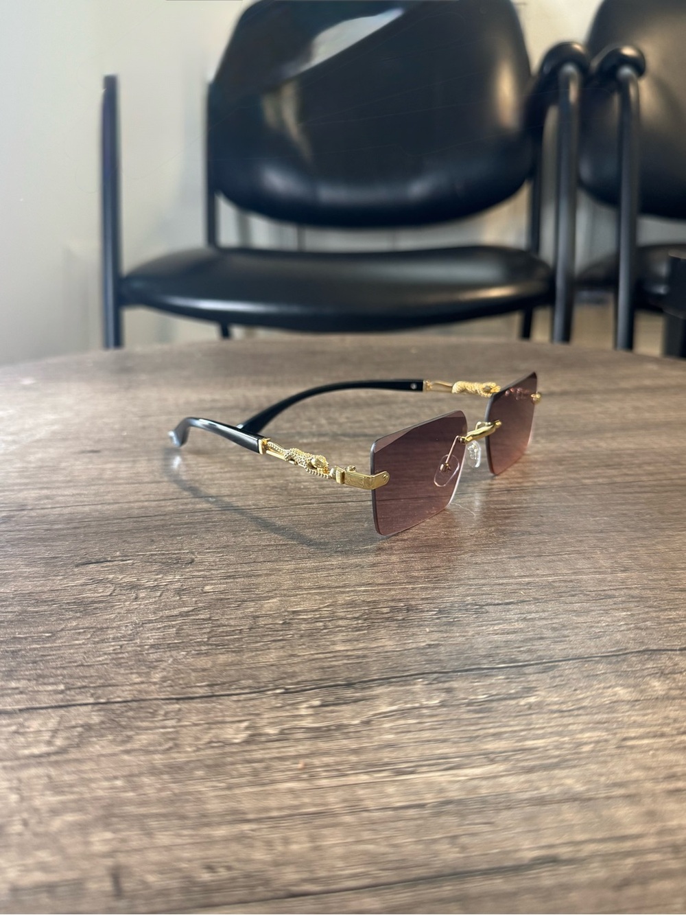 Gold-Accent Rimless Sunglasses - Brown Lenses